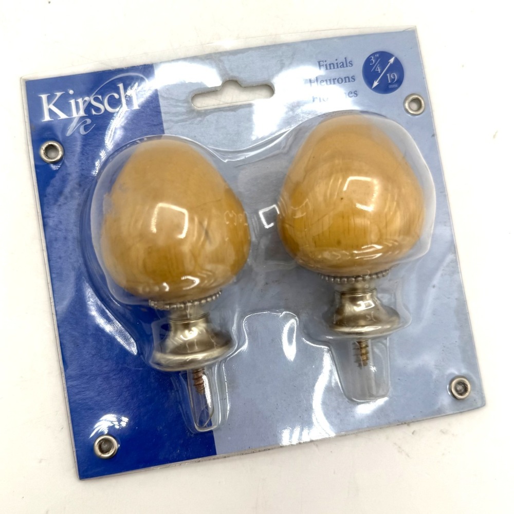 Kirsch Birch Wood Curtain Rod Finials Satin Nickel 3/4" Rod Set of 2 NIP